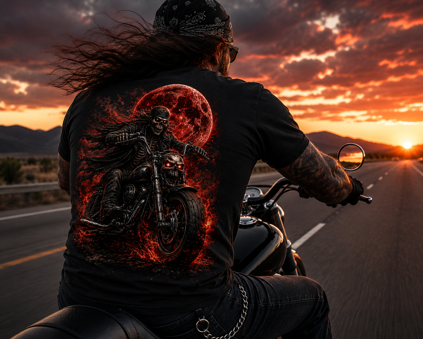 The Last Ride Skeleton Biker T-Shirt | Blood Moon Motorcycle Graphic Tee | Slybone Threads