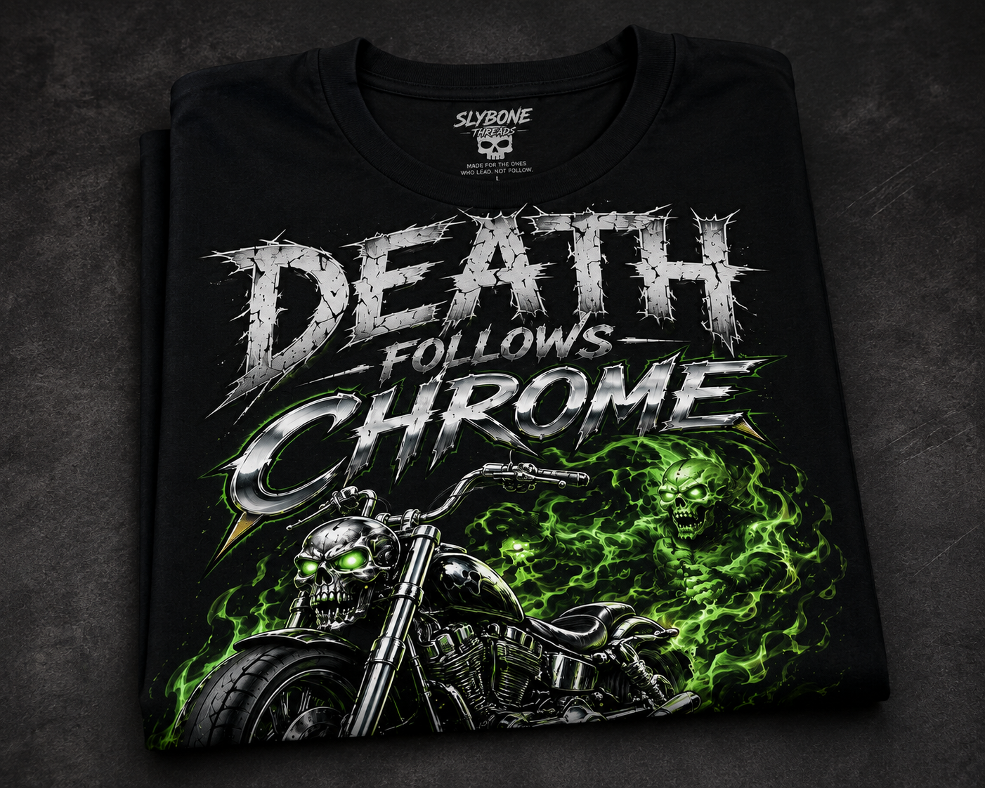 Black T-shirt featuring a chrome motorcycle surrounded by ghostly green flames and skull imagery with Death Follows Chrome typography by Slybone Threads.