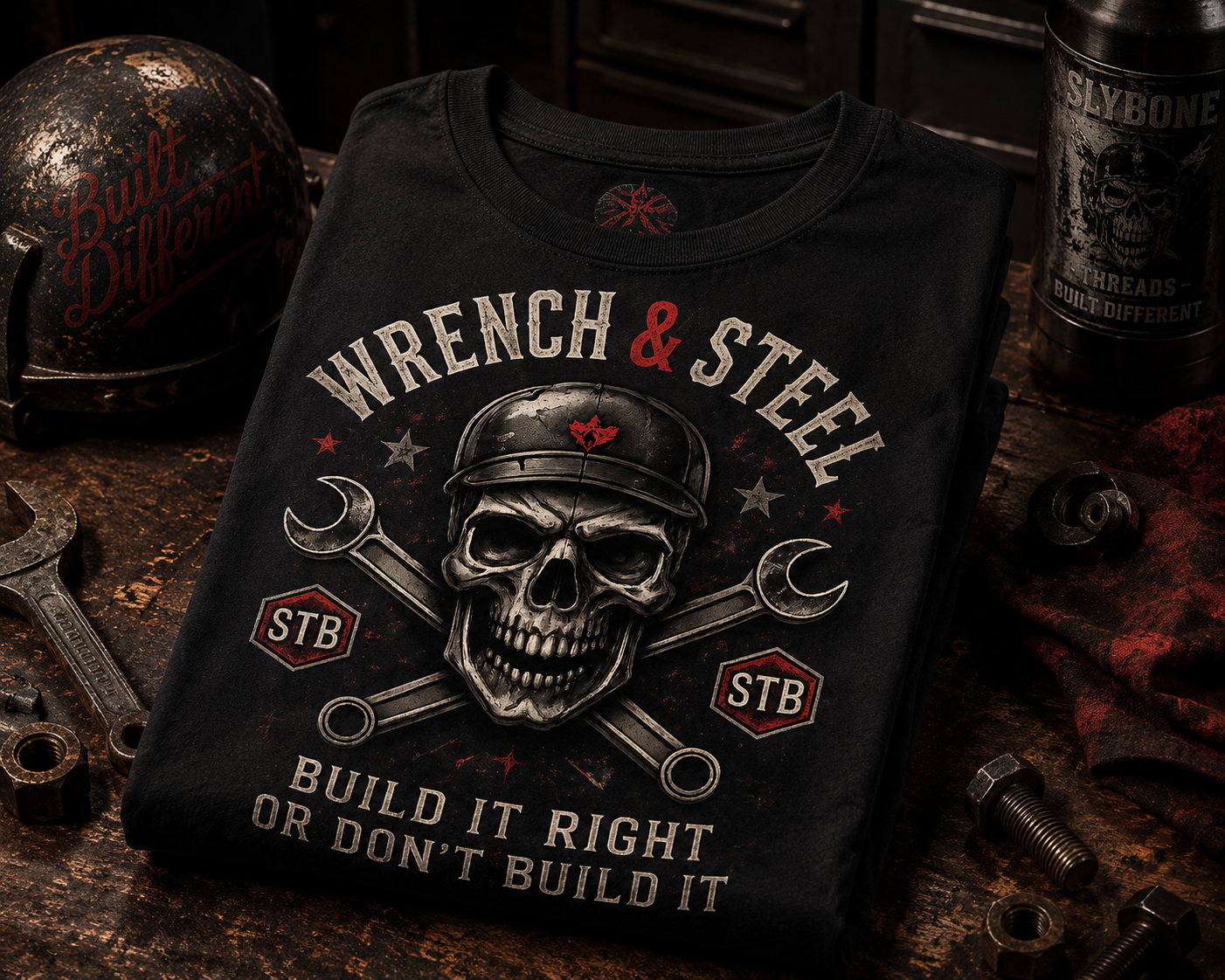 Wrench & Steel Skull T-Shirt – Mechanic Vintage Tool Graphic