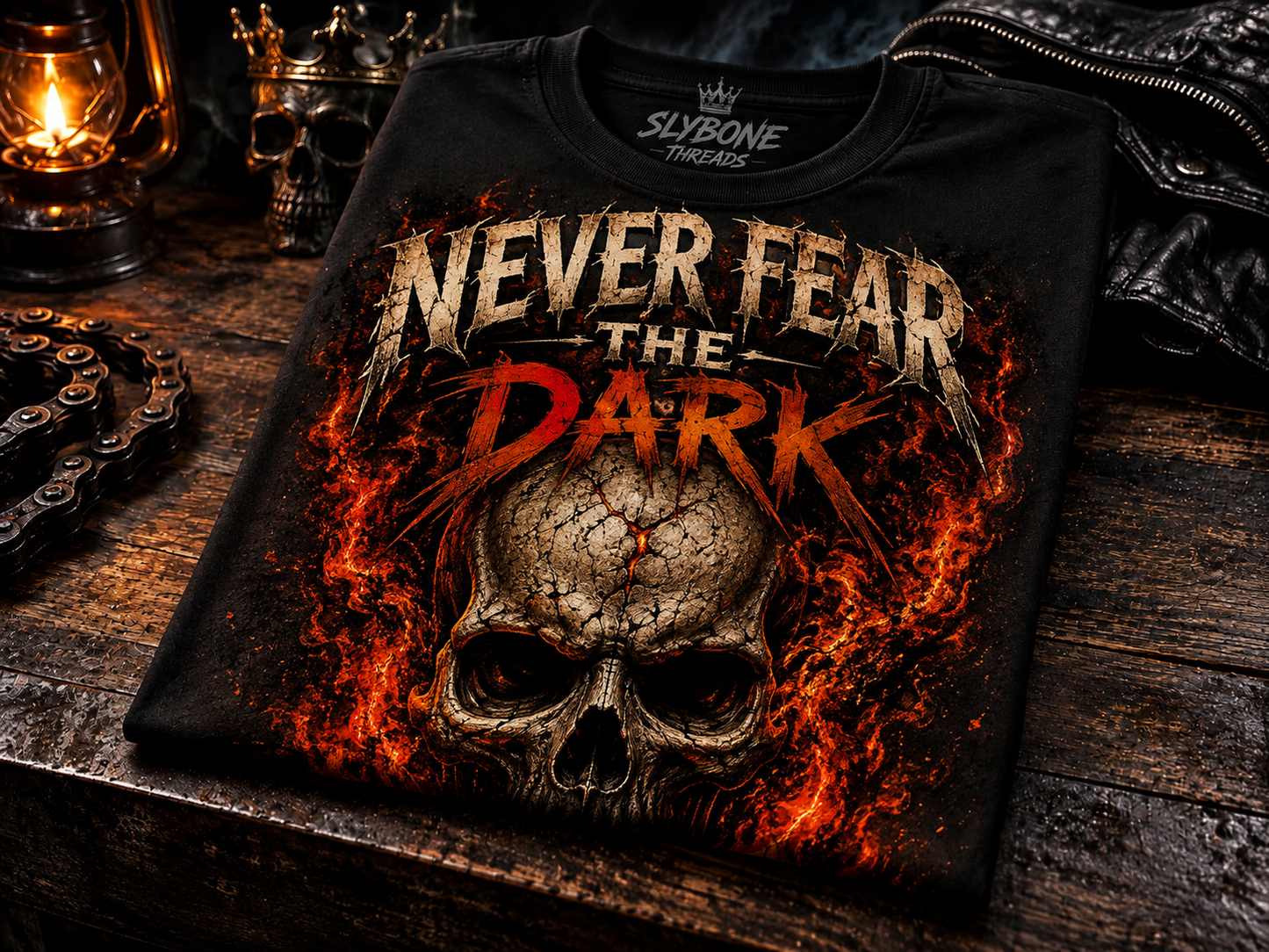 Never Fear the Dark Skull T-Shirt | Flaming Skull Halloween Graphic Tee | Slybone Threads