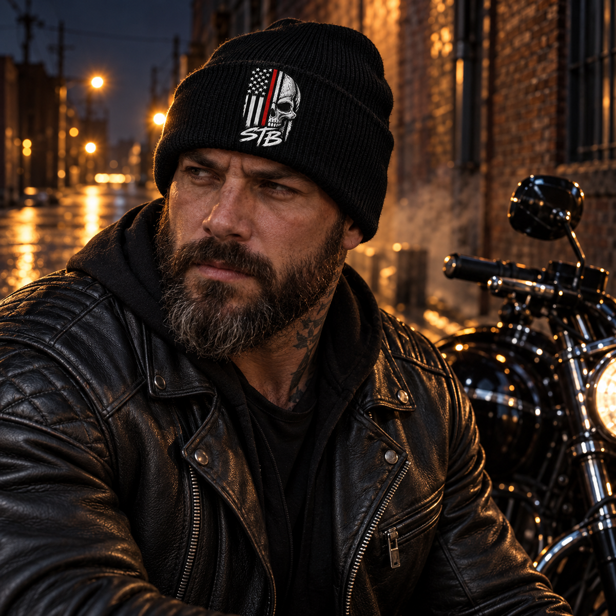     Biker wearing thin red line skull beanie beside black motorcycle