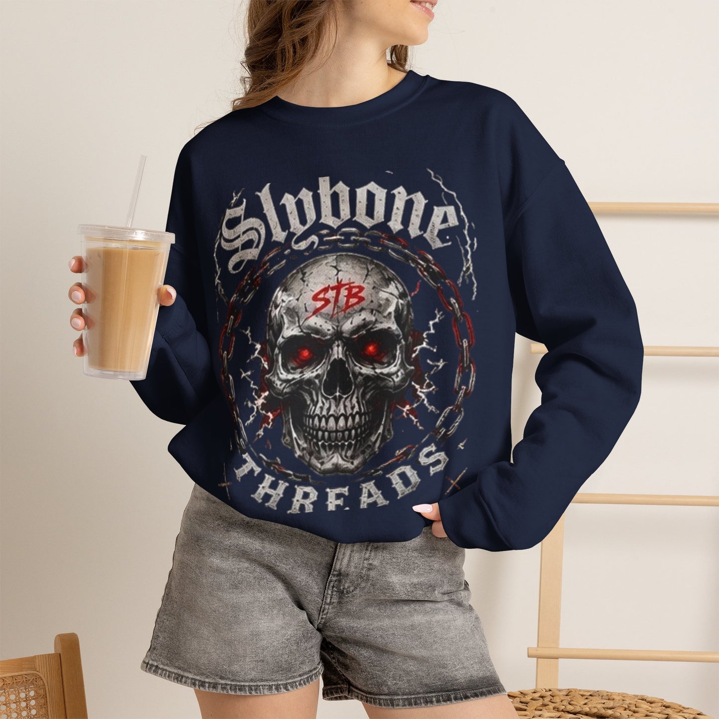 Skull Threads Crewneck Sweatshirt — "Stubborn Threads" Gothic Skull Design