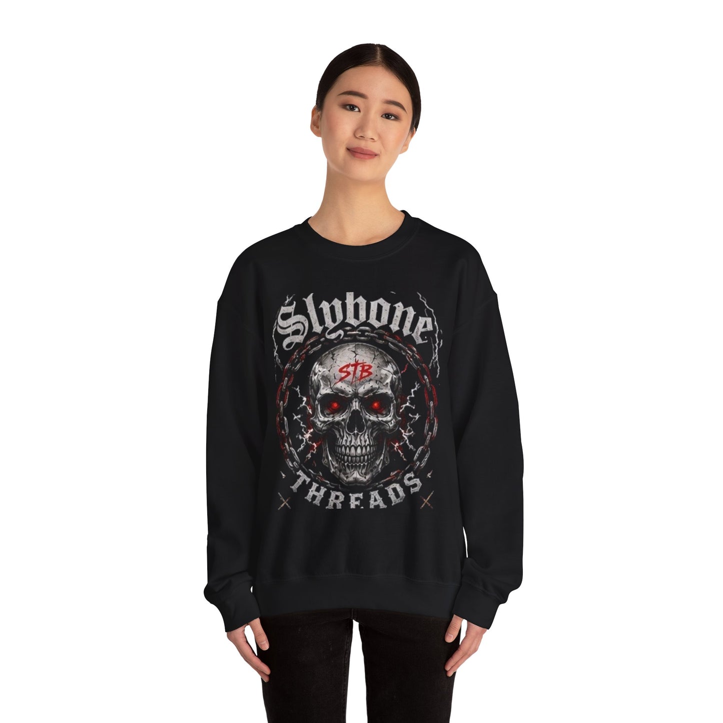 Skull Threads Crewneck Sweatshirt — "Stubborn Threads" Gothic Skull Design