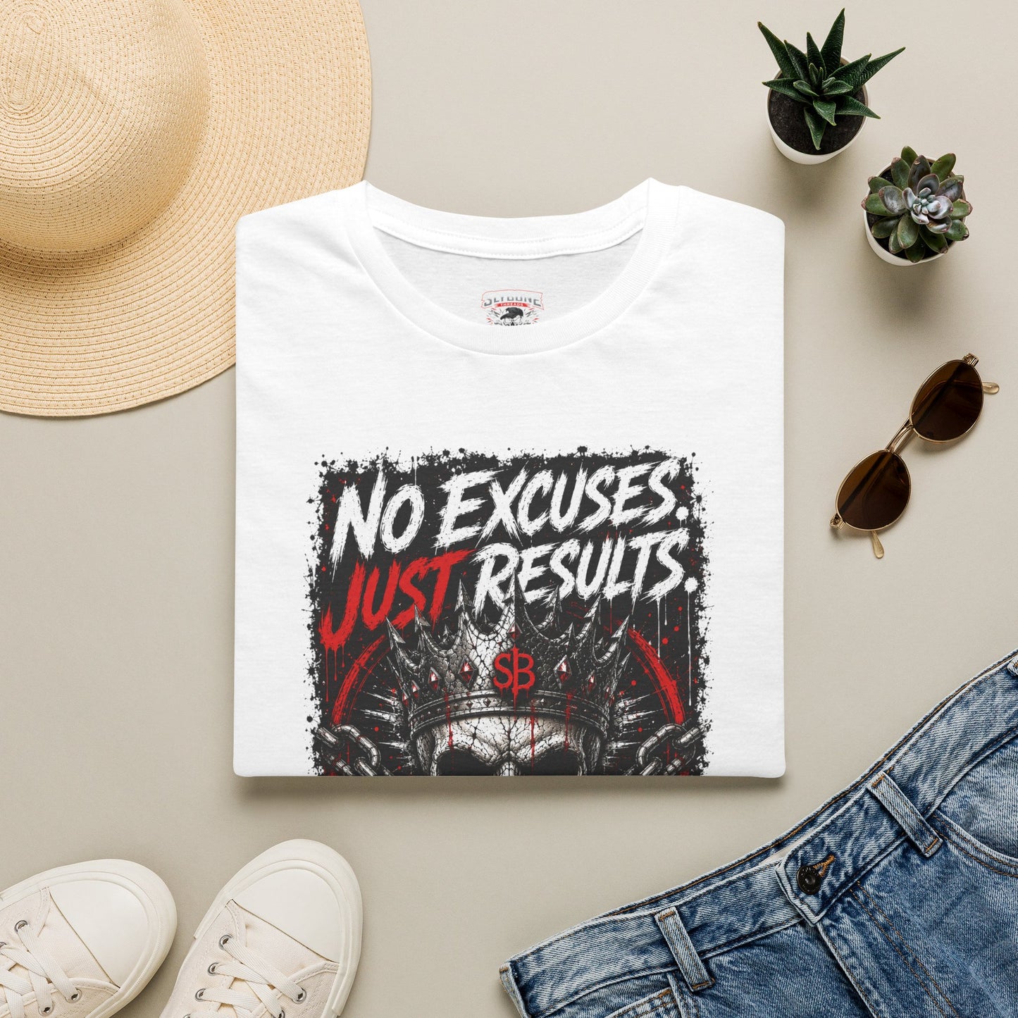 No Excuses, Just Results T-Shirt — Motivational Skull Fitness Tee