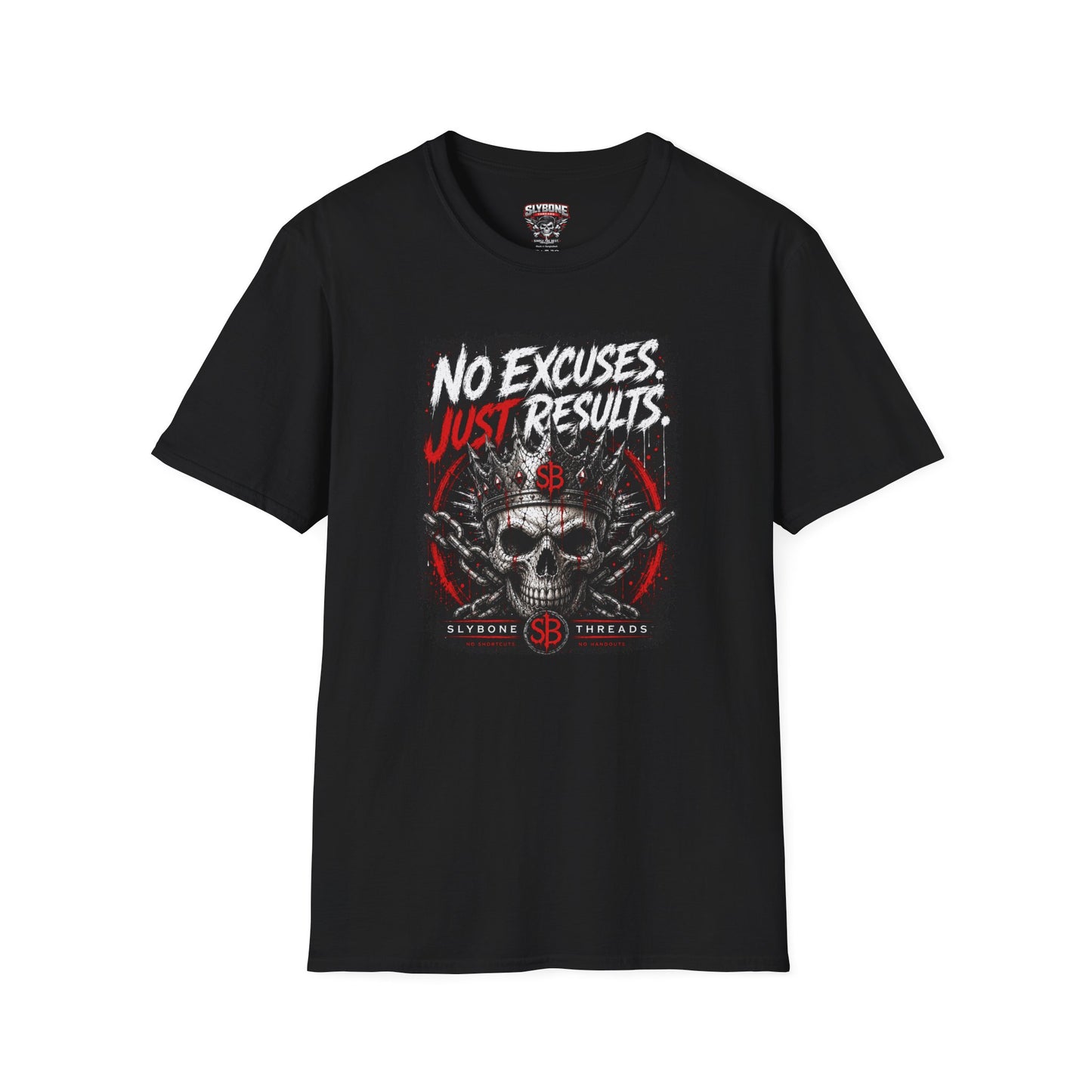 No Excuses, Just Results T-Shirt — Motivational Skull Fitness Tee