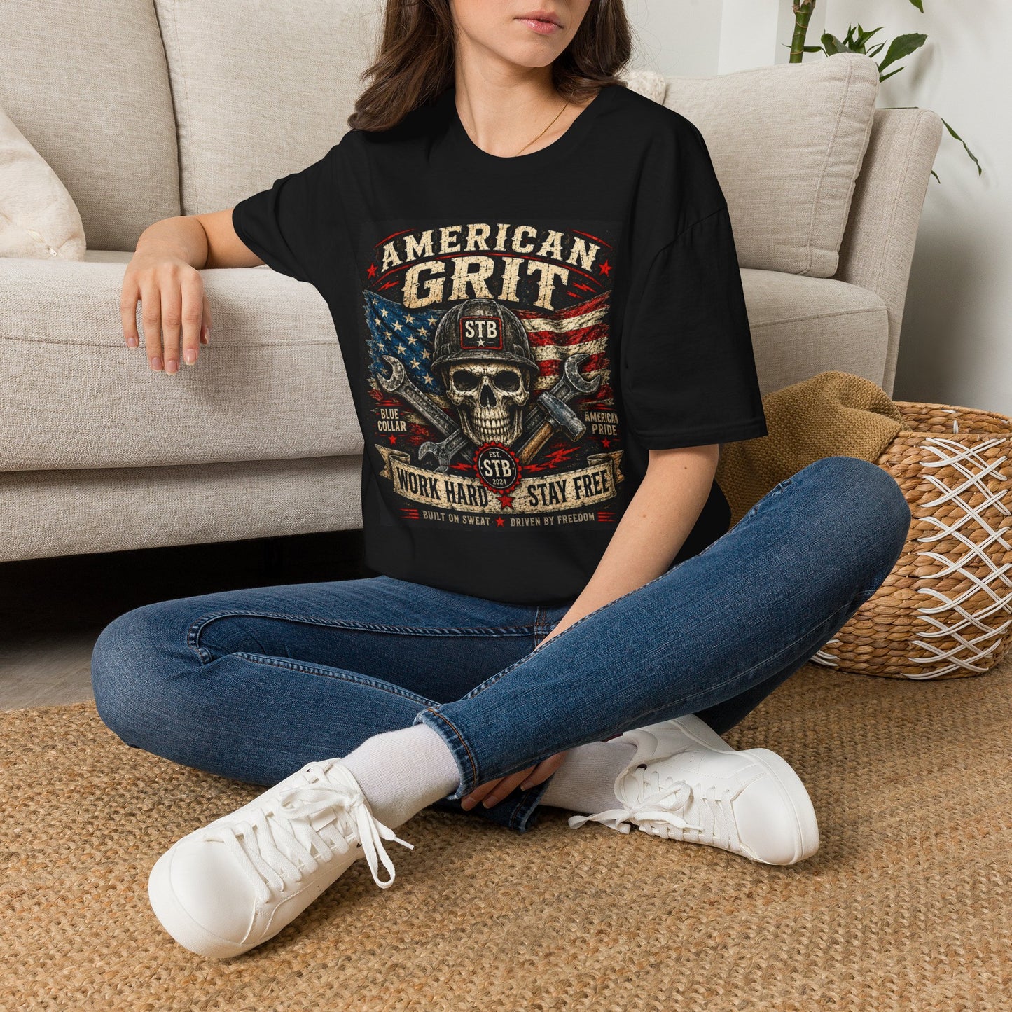 American Grit Skull T‑Shirt — Patriotic Flag Motorcycle/Mechanic Vintage Tee