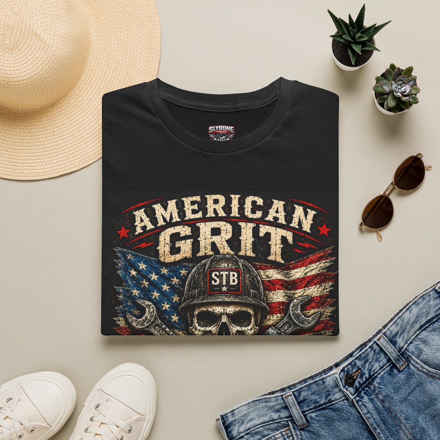 American Grit Skull T‑Shirt — Patriotic Flag Motorcycle/Mechanic Vintage Tee