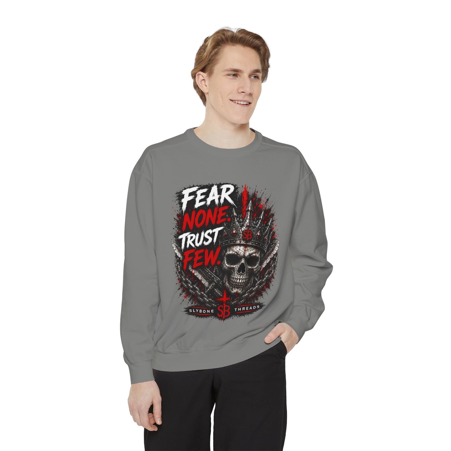 Fear None Trust Few Sweatshirt — Skull Graphic Garment-Dyed Crewneck
