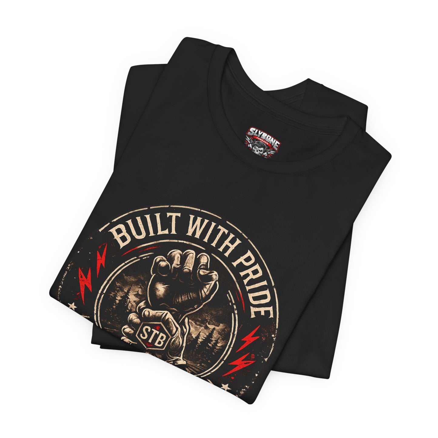 Slybone Threads Built With Pride Paid With Blood graphic tee folded product mockup
