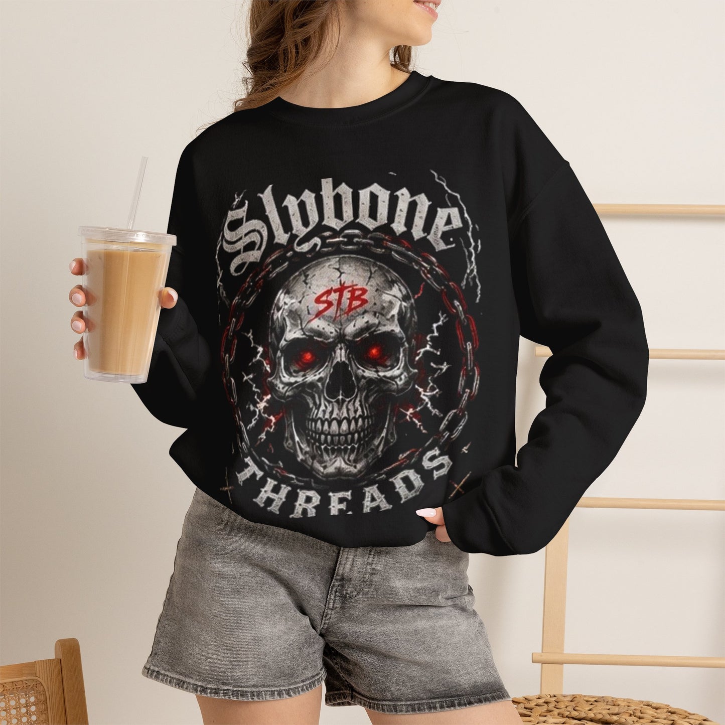 Skull Threads Crewneck Sweatshirt — "Stubborn Threads" Gothic Skull Design