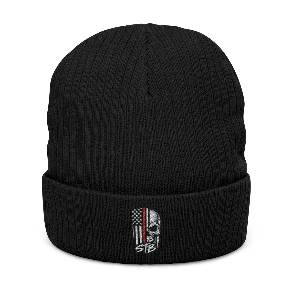     Black STB thin red line skull embroidered beanie front view