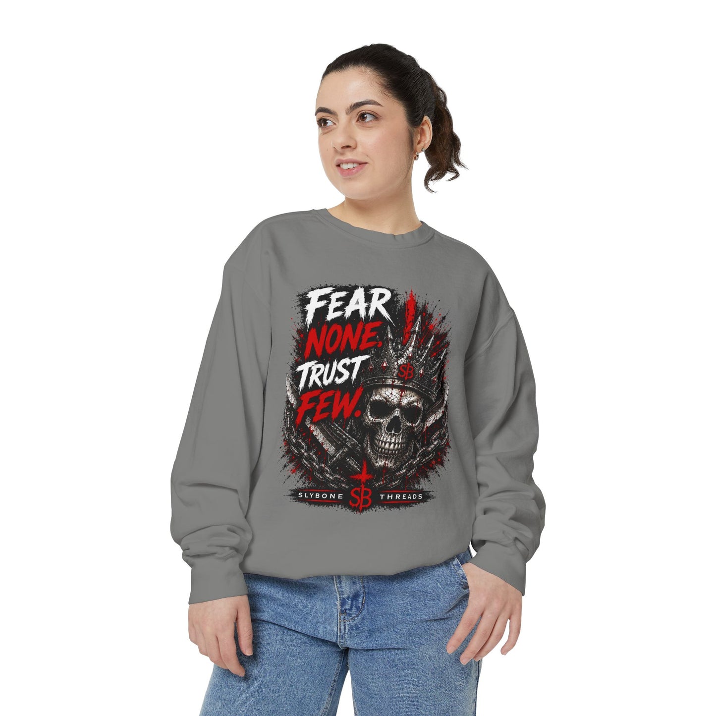 Fear None Trust Few Sweatshirt — Skull Graphic Garment-Dyed Crewneck