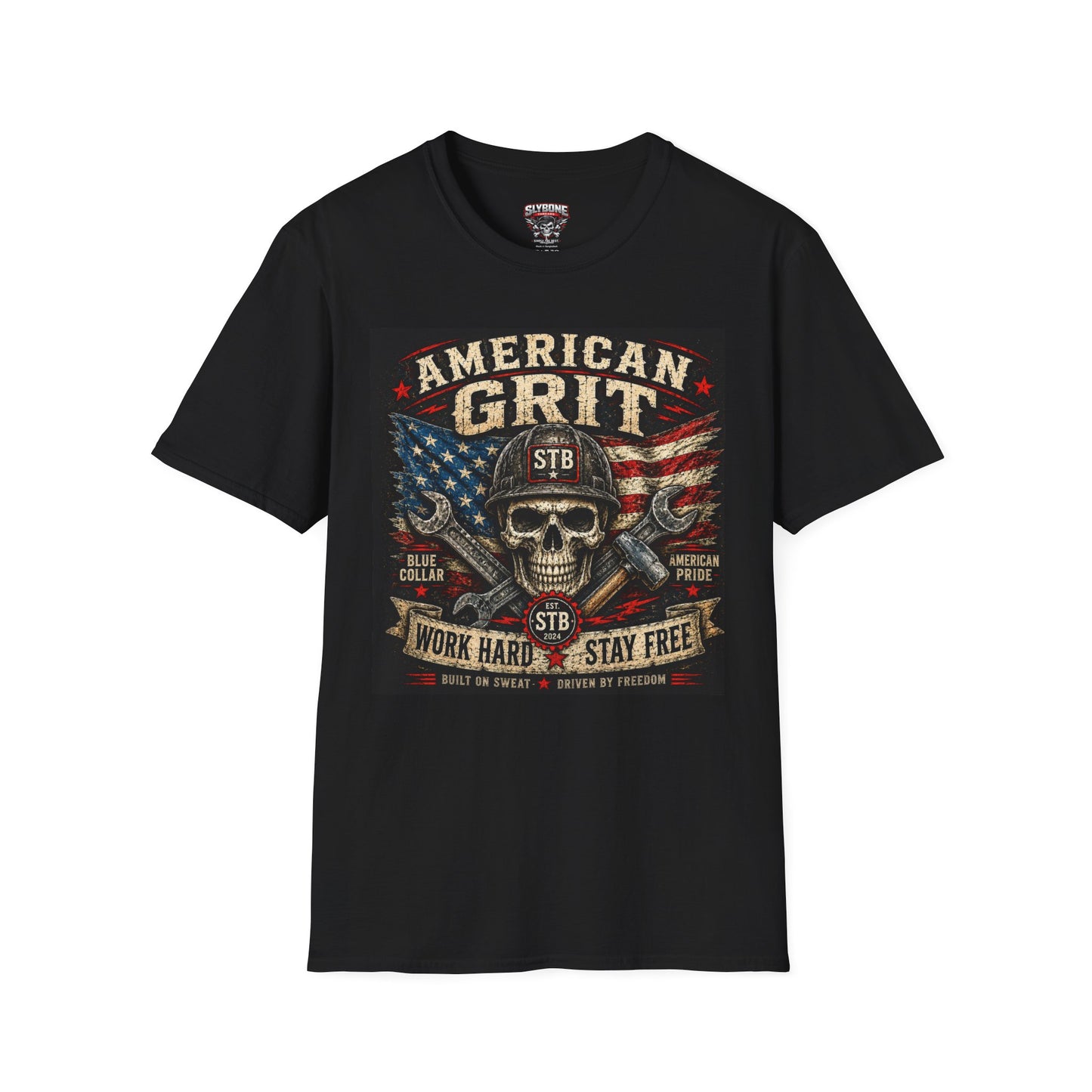 American Grit Skull T‑Shirt — Patriotic Flag Motorcycle/Mechanic Vintage Tee