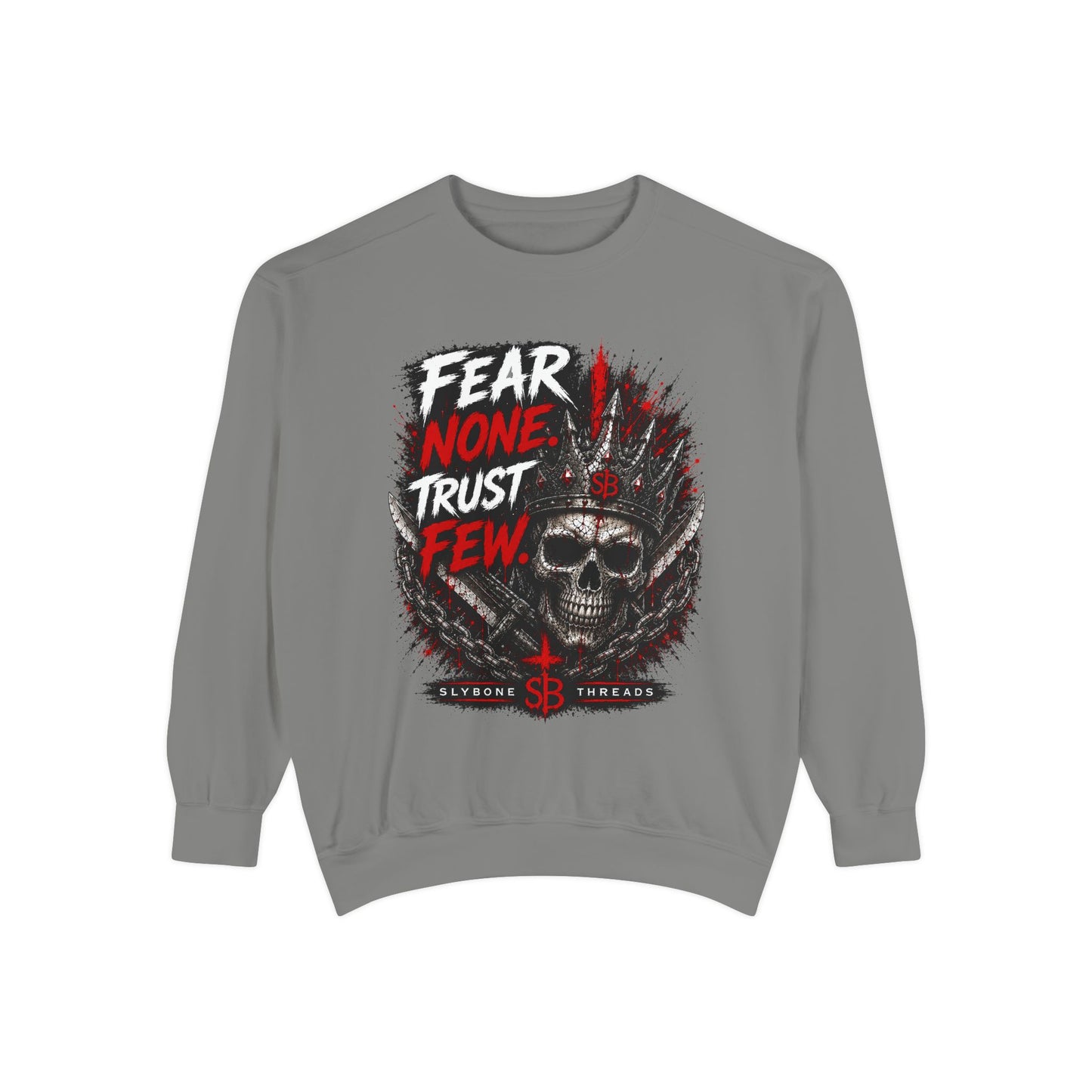 Fear None Trust Few Sweatshirt — Skull Graphic Garment-Dyed Crewneck