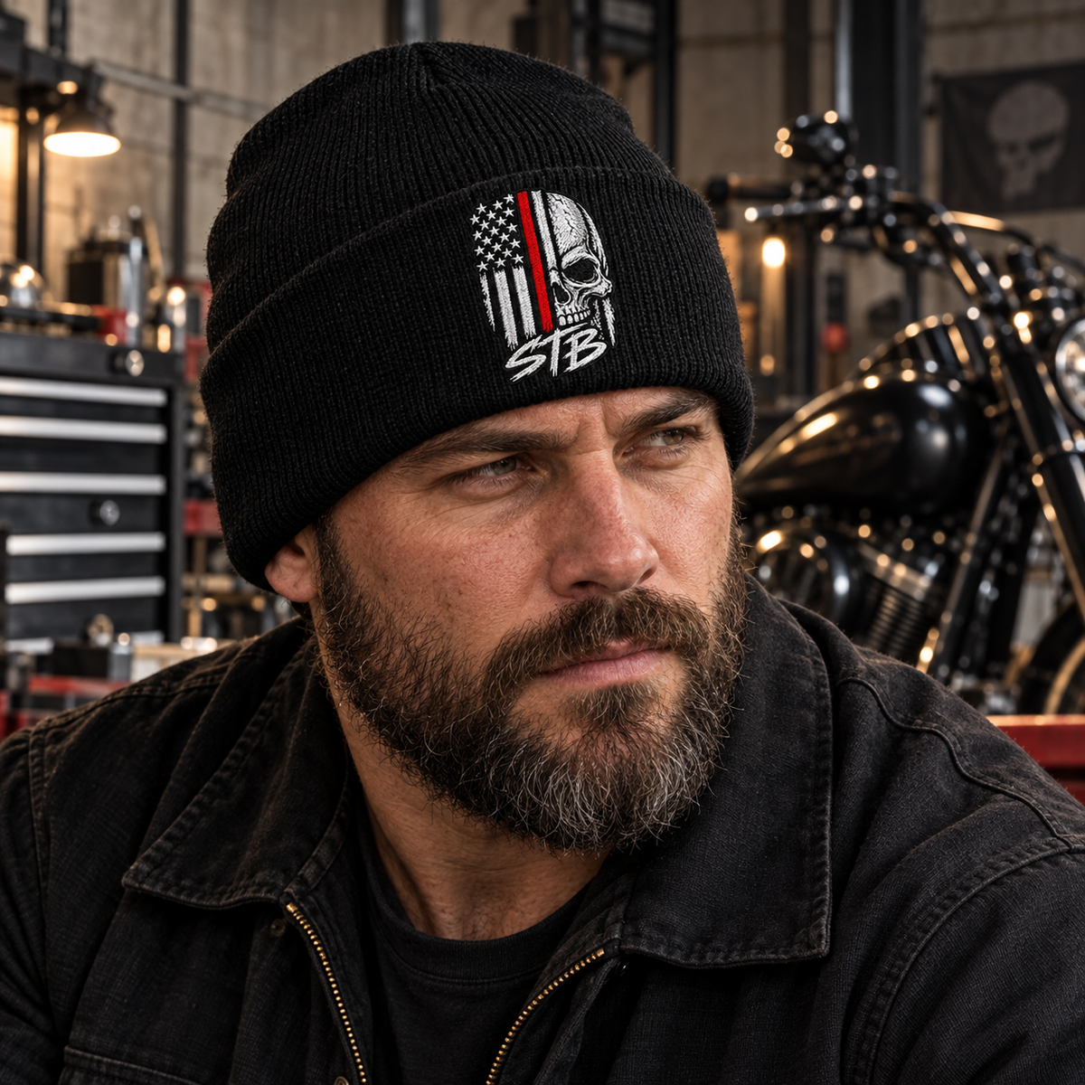     Biker wearing STB skull embroidered beanie in motorcycle warehouse