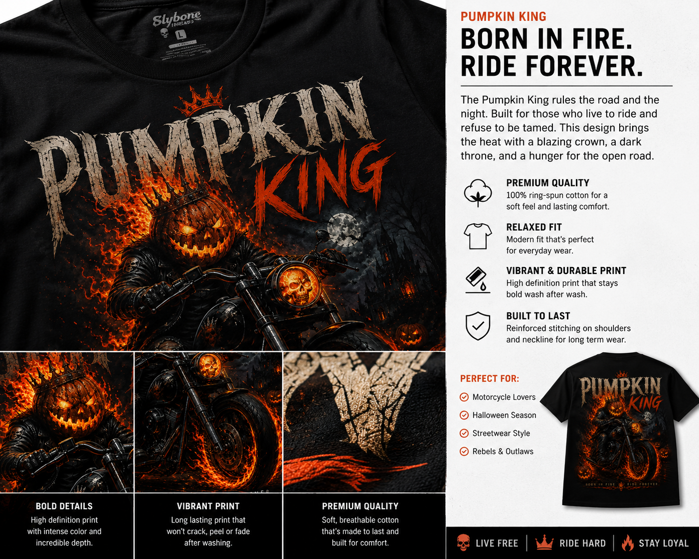 Pumpkin King Biker Shirt | Halloween Motorcycle Graphic Tee | Slybone Threads