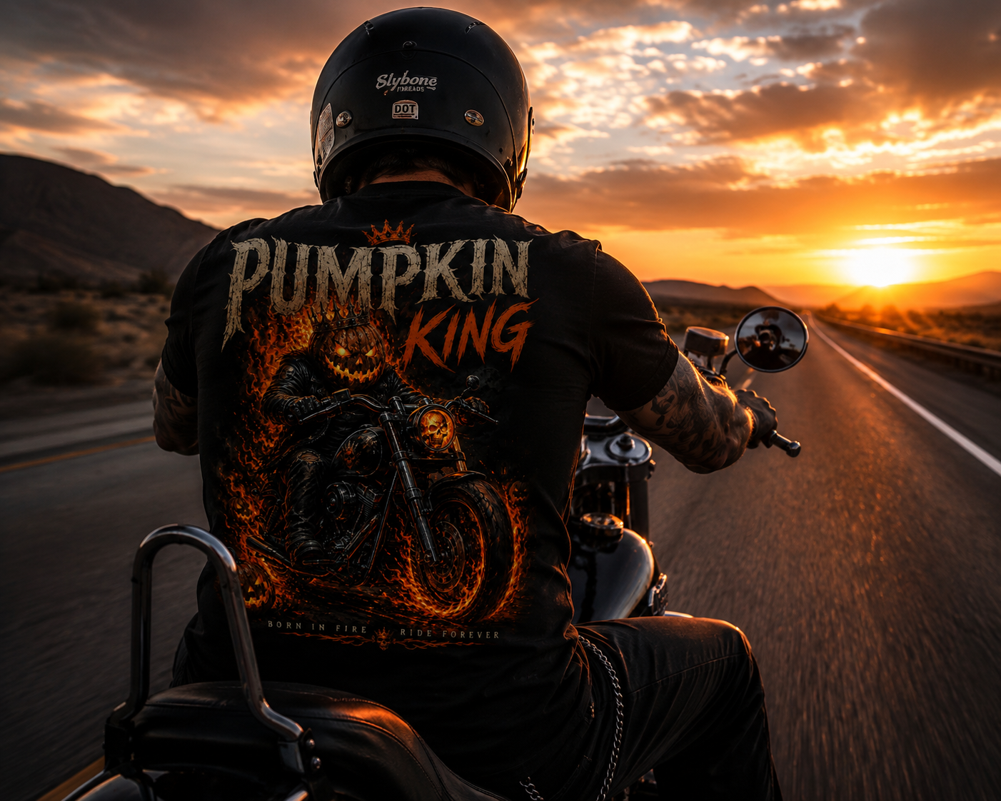 Pumpkin King Biker Shirt | Halloween Motorcycle Graphic Tee | Slybone Threads