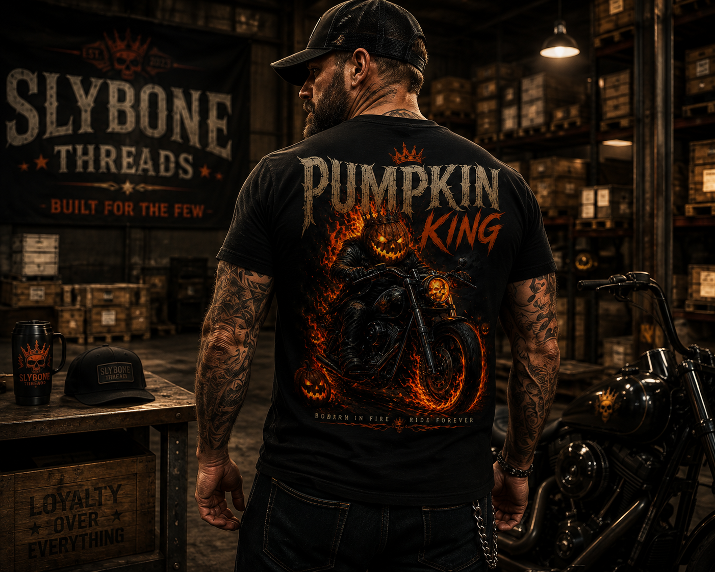 Pumpkin King Biker Shirt | Halloween Motorcycle Graphic Tee | Slybone Threads