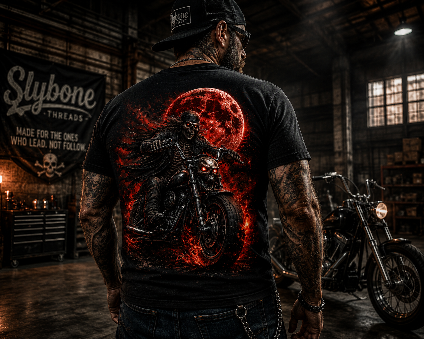 The Last Ride Skeleton Biker T-Shirt | Blood Moon Motorcycle Graphic Tee | Slybone Threads