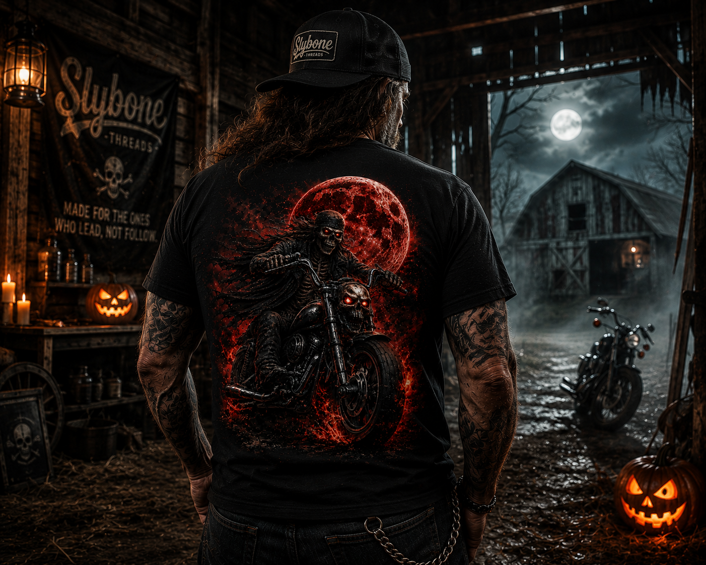 The Last Ride Skeleton Biker T-Shirt | Blood Moon Motorcycle Graphic Tee | Slybone Threads