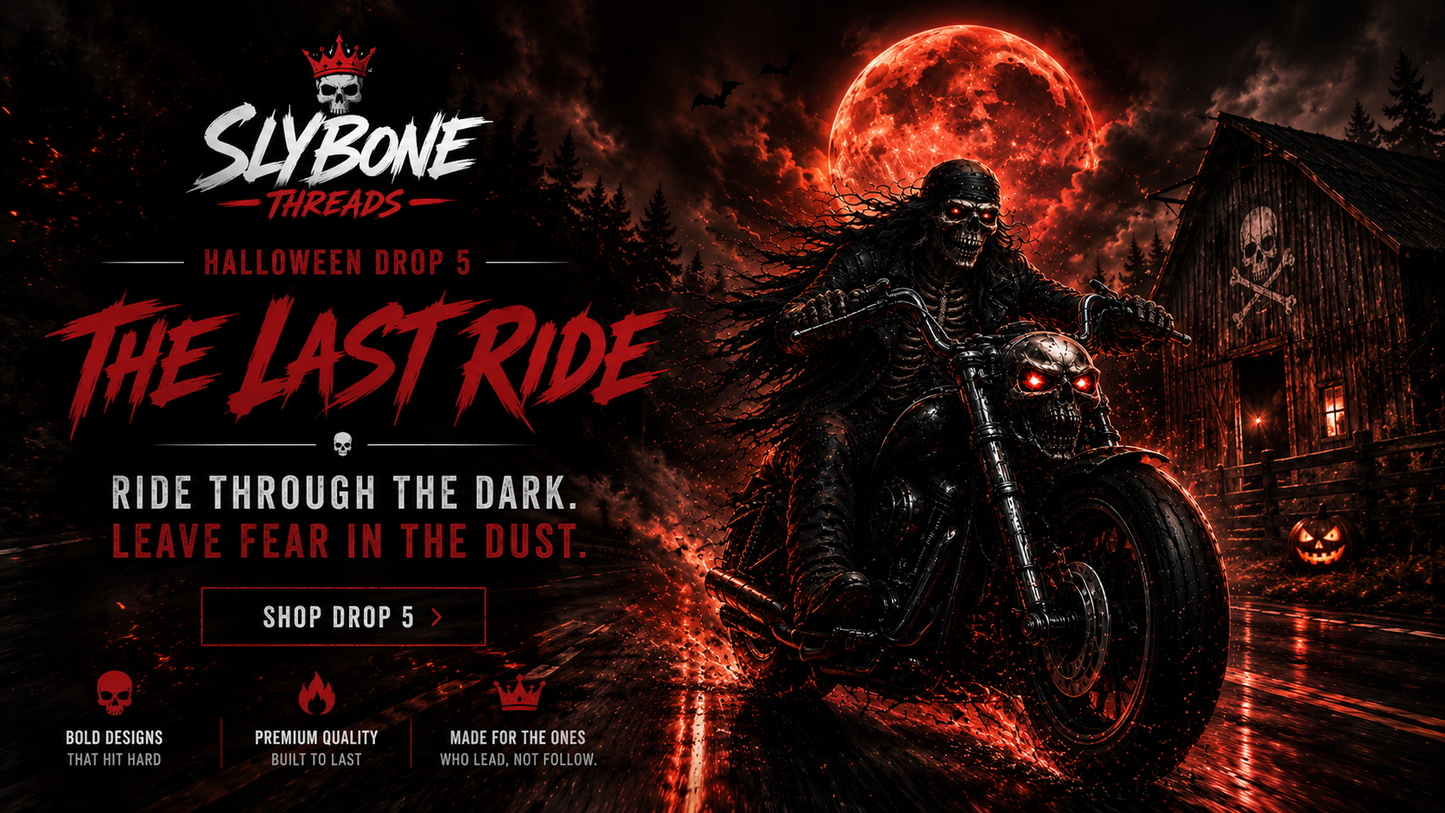 The Last Ride Skeleton Biker T-Shirt | Blood Moon Motorcycle Graphic Tee | Slybone Threads
