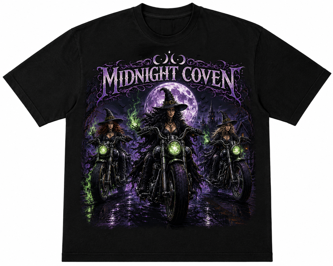 Three witches riding vintage motorcycles beneath a glowing purple moon with green witchfire in a haunted forest, featured on a premium Slybone Threads graphic T-shirt.
