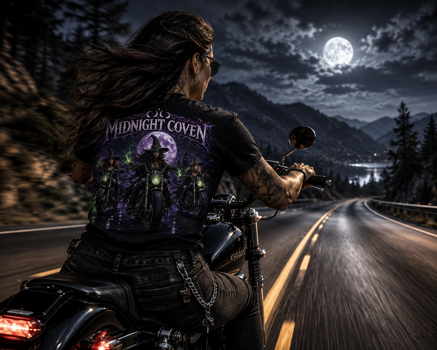 Midnight Coven Witch Biker T-Shirt | Vintage Motorcycle Halloween Graphic Tee | Slybone Threads