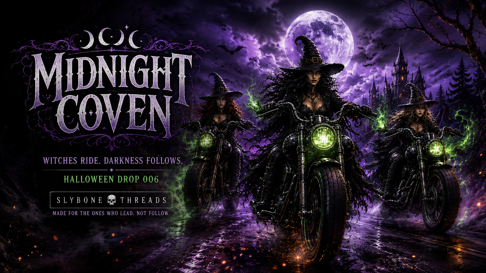 Three witches riding vintage motorcycles beneath a glowing purple moon with green witchfire in a haunted forest, featured on a premium Slybone Threads graphic T-shirt.