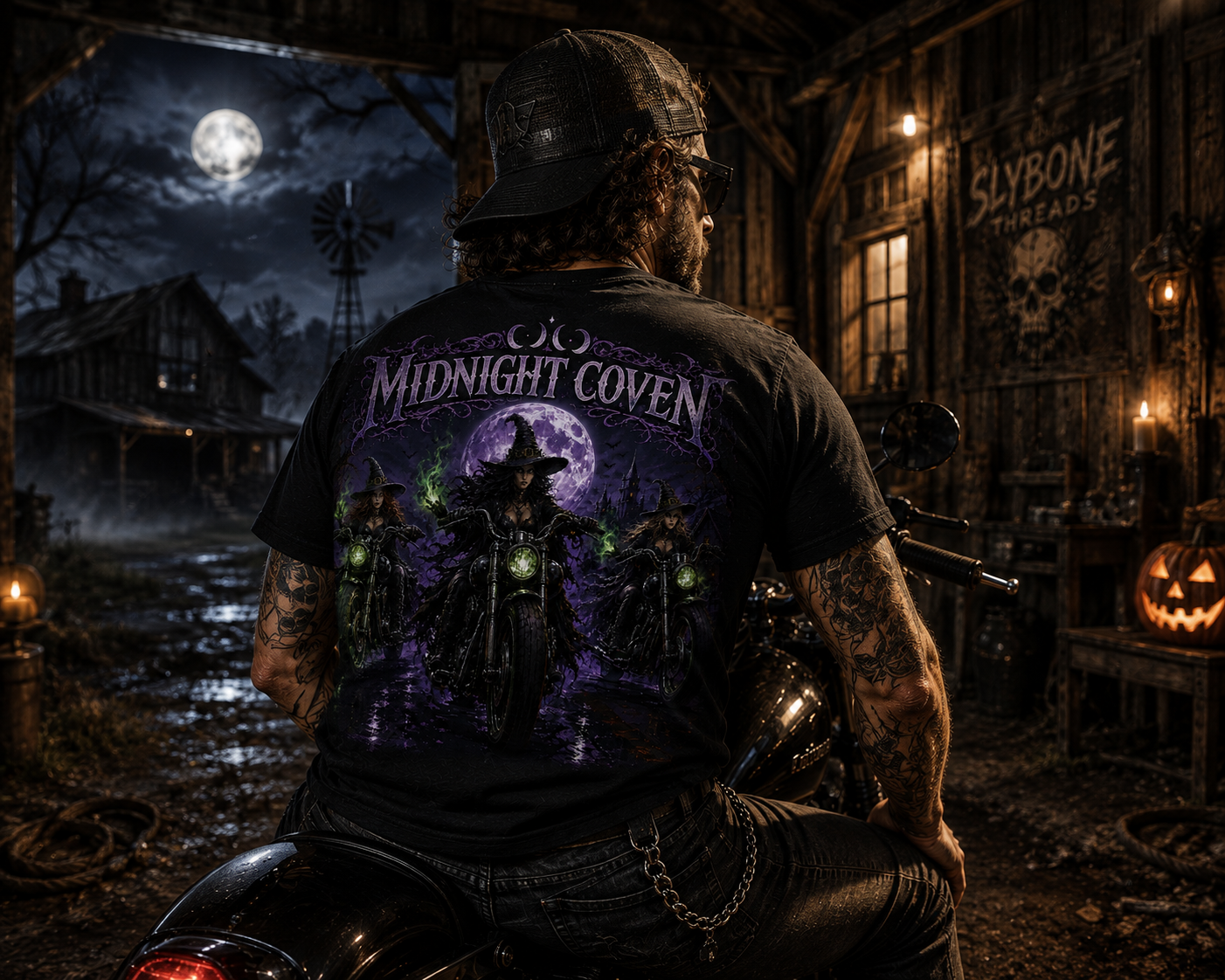 A man wearing a black t-shirt with a large 'Midnight Coven' graphic print, sitting on a motorcycle in a dark, spooky barn setting at night.