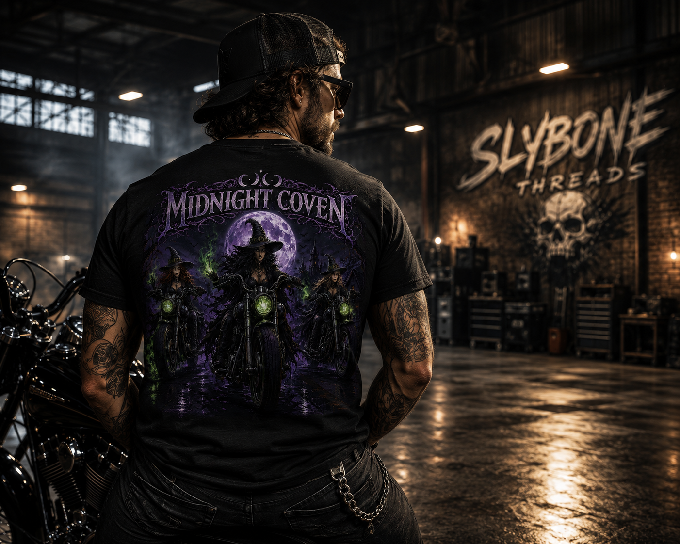 A man wearing a black t-shirt with a large 'Midnight Coven' witch graphic print, standing in a dark, atmospheric motorcycle workshop with 'Slybone Threads' written on the wall behind him.