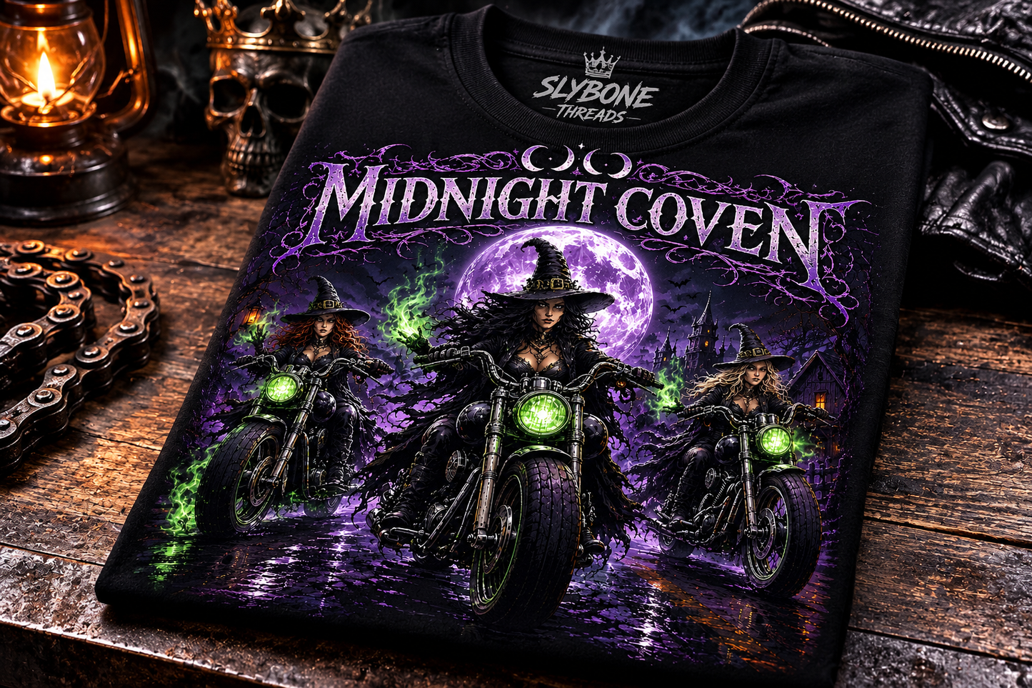 Three witches riding vintage motorcycles beneath a glowing purple moon with green witchfire in a haunted forest, featured on a premium Slybone Threads graphic T-shirt.