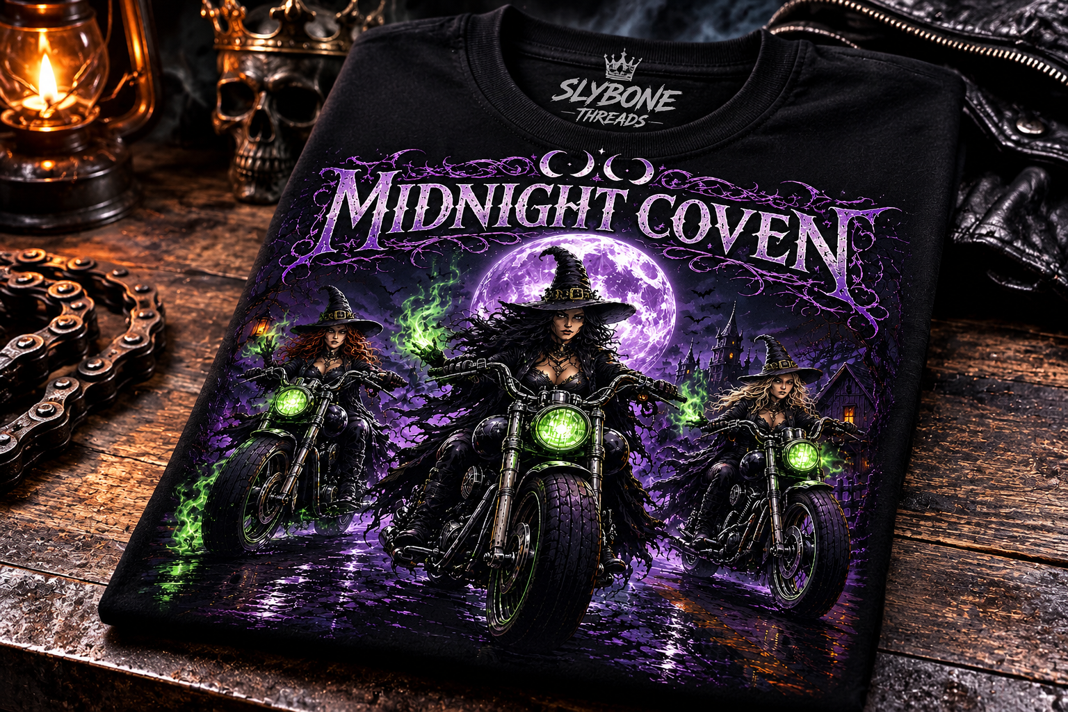 Three witches riding vintage motorcycles beneath a glowing purple moon with green witchfire in a haunted forest, featured on a premium Slybone Threads graphic T-shirt.