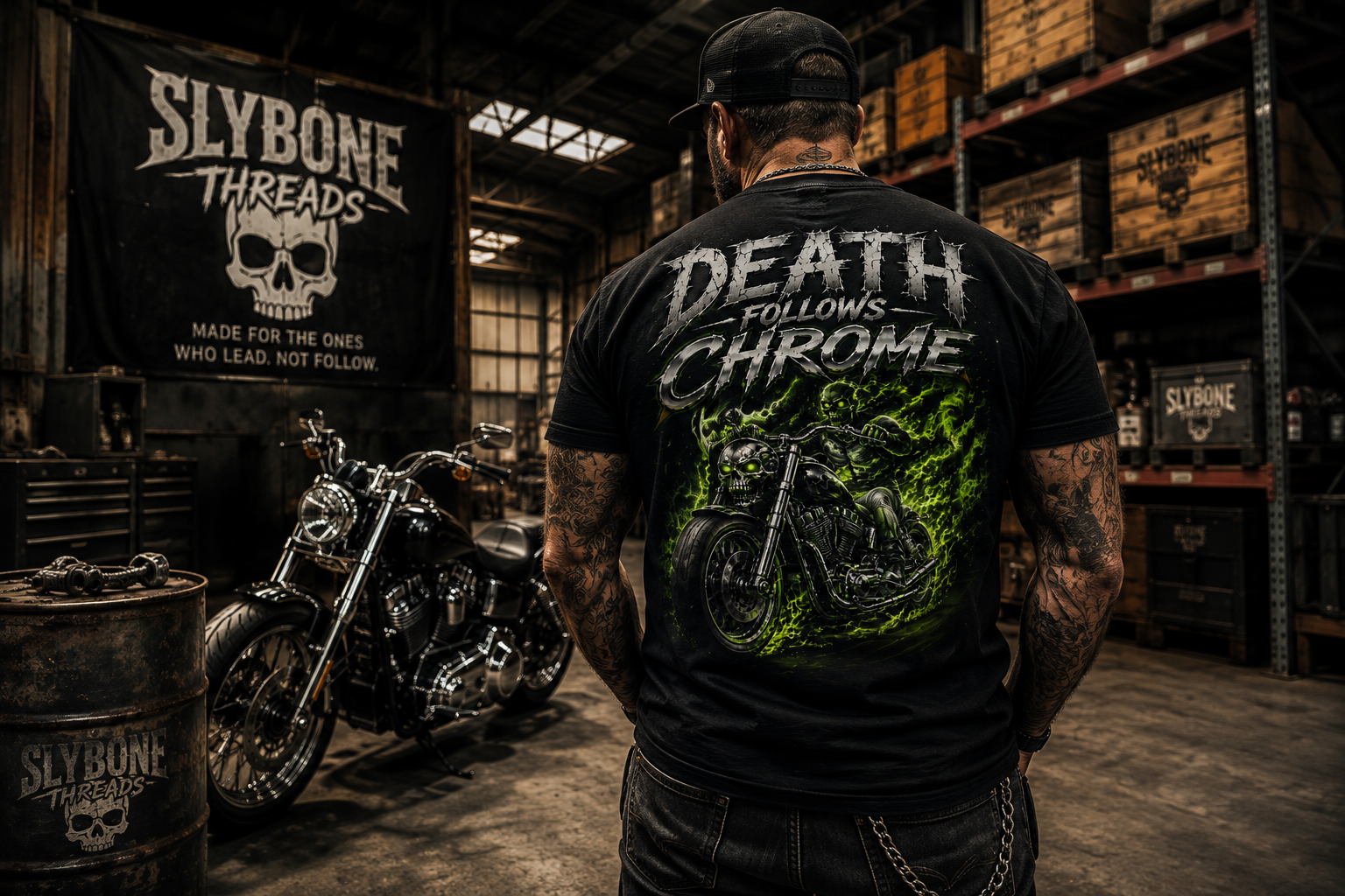 Black T-shirt featuring a chrome motorcycle surrounded by ghostly green flames and skull imagery with Death Follows Chrome typography by Slybone Threads.
