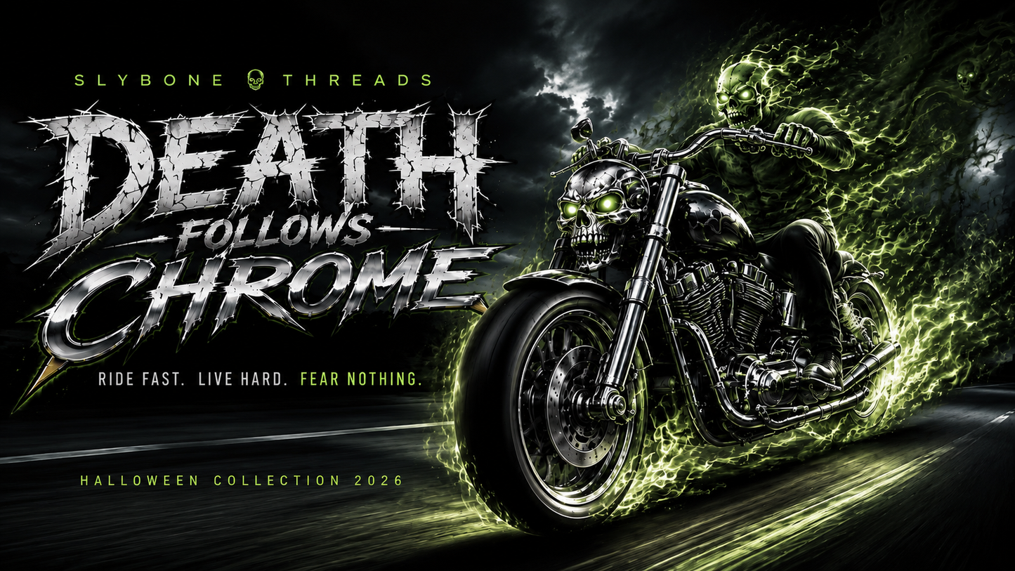 Death Follows Chrome Motorcycle T-Shirt | Ghost Rider Skull Biker Graphic Tee | Slybone Threads