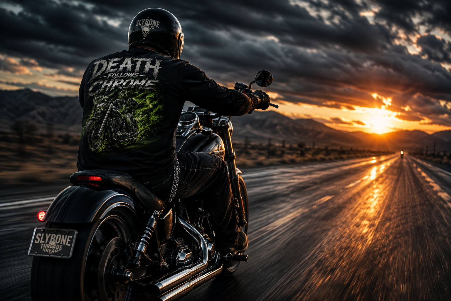 Black T-shirt featuring a chrome motorcycle surrounded by ghostly green flames and skull imagery with Death Follows Chrome typography by Slybone Threads.