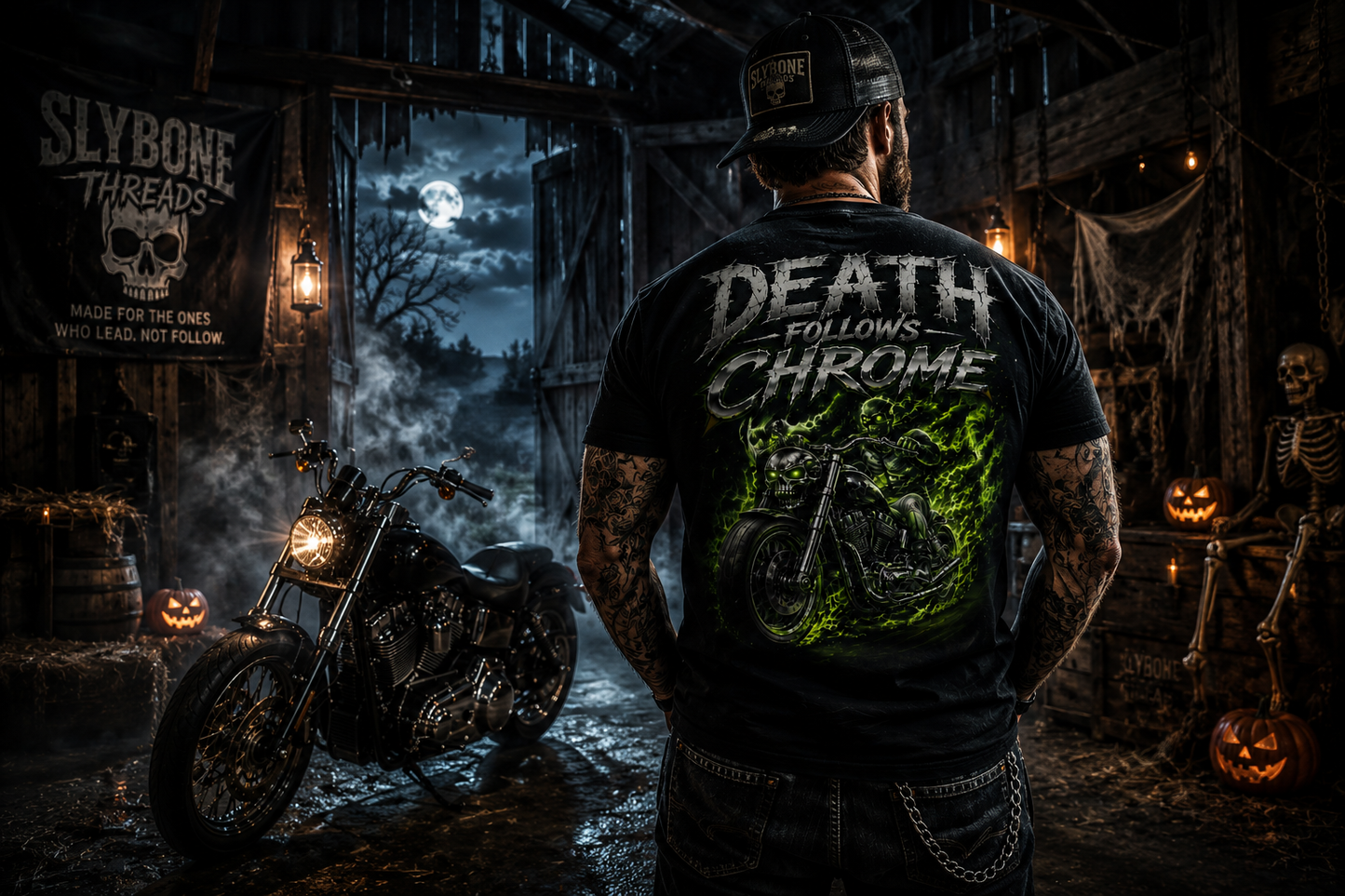 Black T-shirt featuring a chrome motorcycle surrounded by ghostly green flames and skull imagery with Death Follows Chrome typography by Slybone Threads.