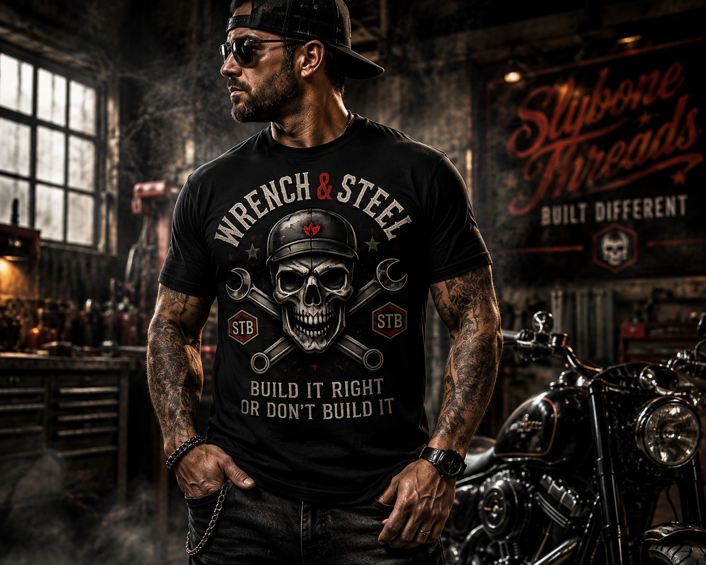 Wrench & Steel Skull T-Shirt – Mechanic Vintage Tool Graphic