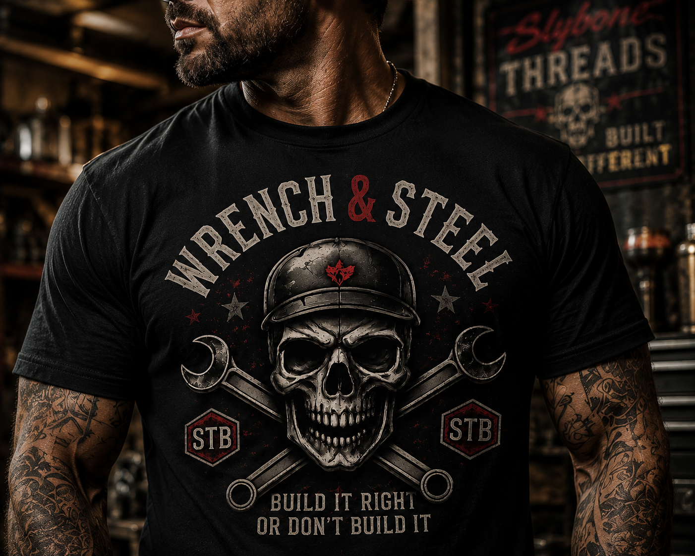 Wrench & Steel Skull T-Shirt – Mechanic Vintage Tool Graphic
