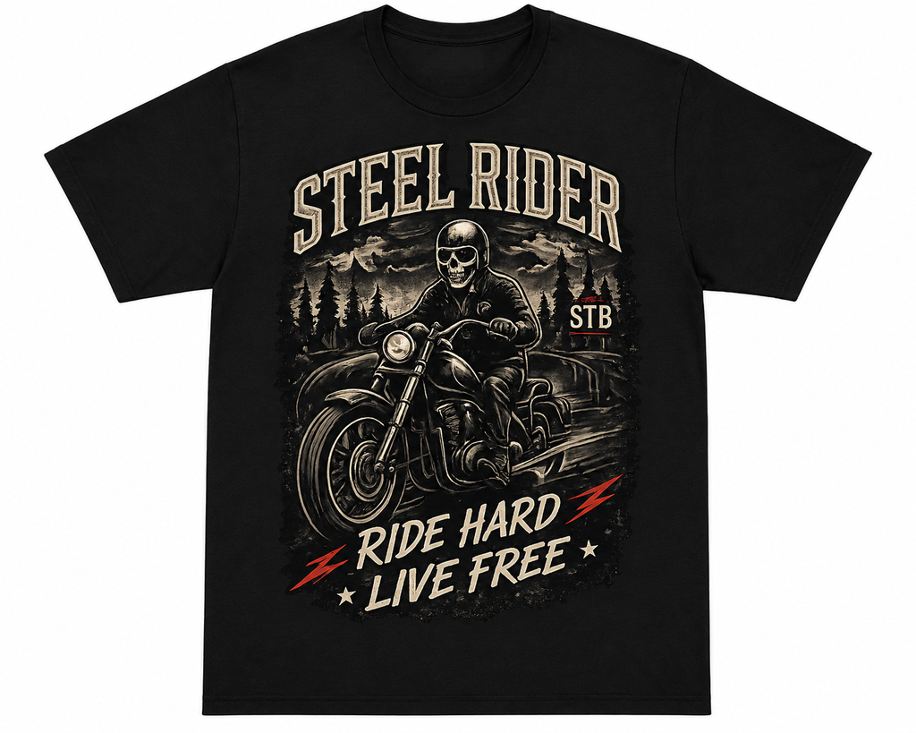Steel Rider Ride Hard Live Free black motorcycle graphic tee by Slybone Threads