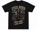 Steel Rider Ride Hard Live Free black motorcycle graphic tee by Slybone Threads