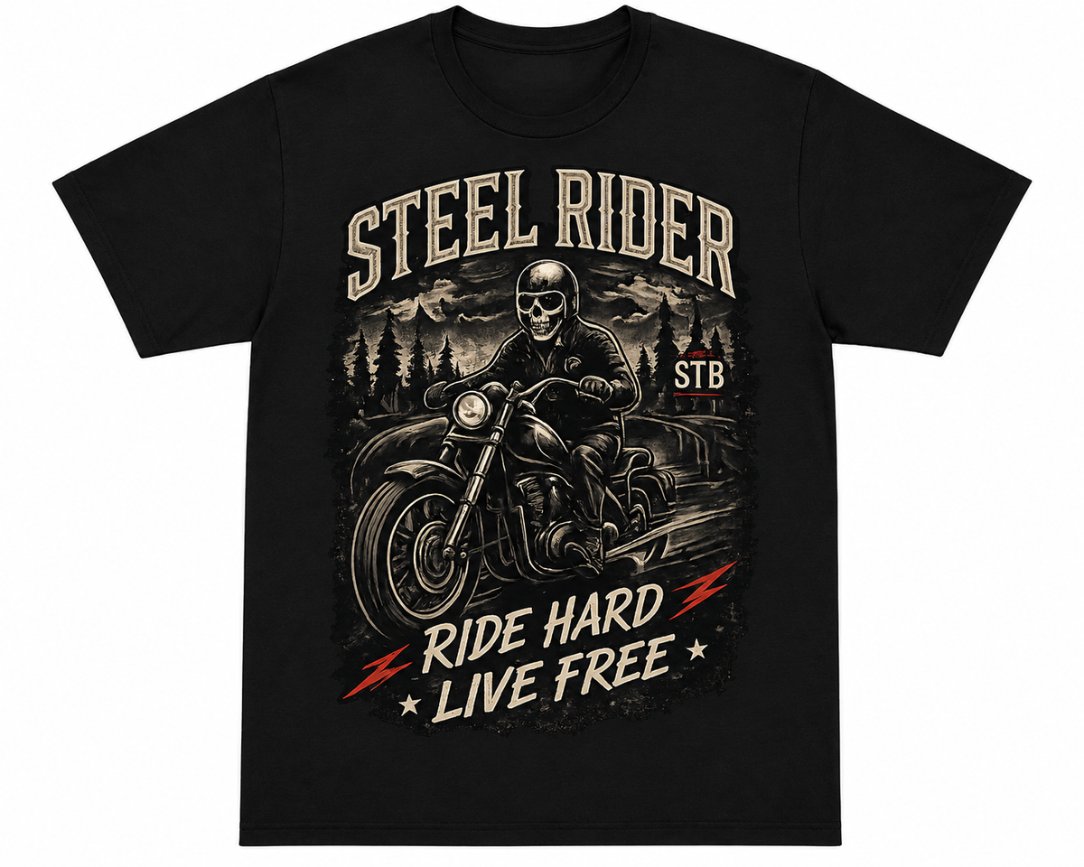 Steel Rider Ride Hard Live Free black motorcycle graphic tee by Slybone Threads