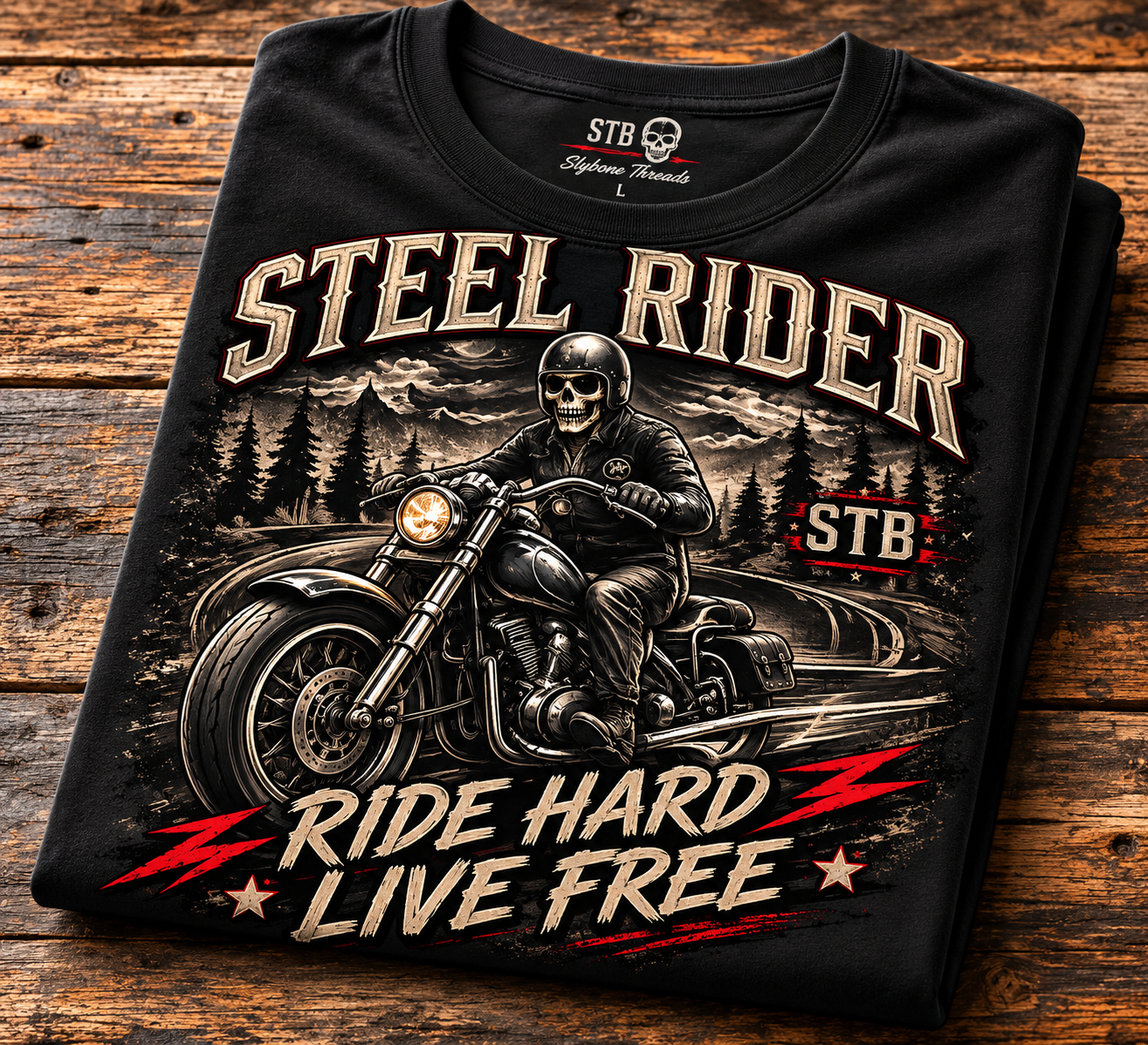 Steel Rider Motorcycle T-Shirt — "Ride Hard, Live Free" Vintage Biker Tee