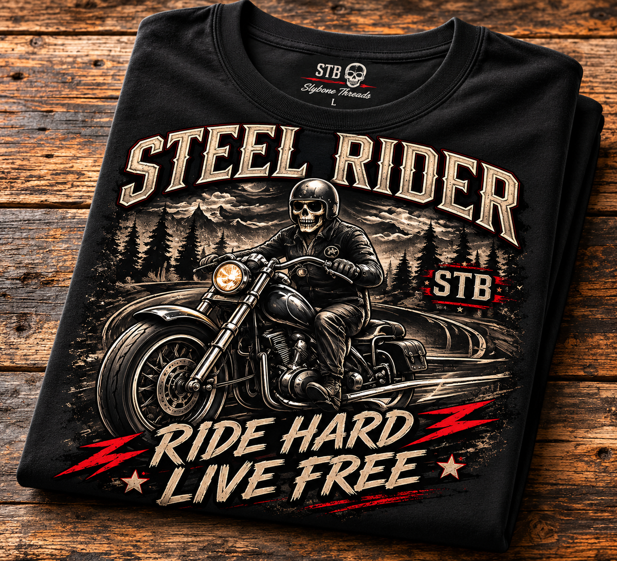Close-up of Steel Rider skull motorcycle graphic artwork on black Slybone Threads shirt