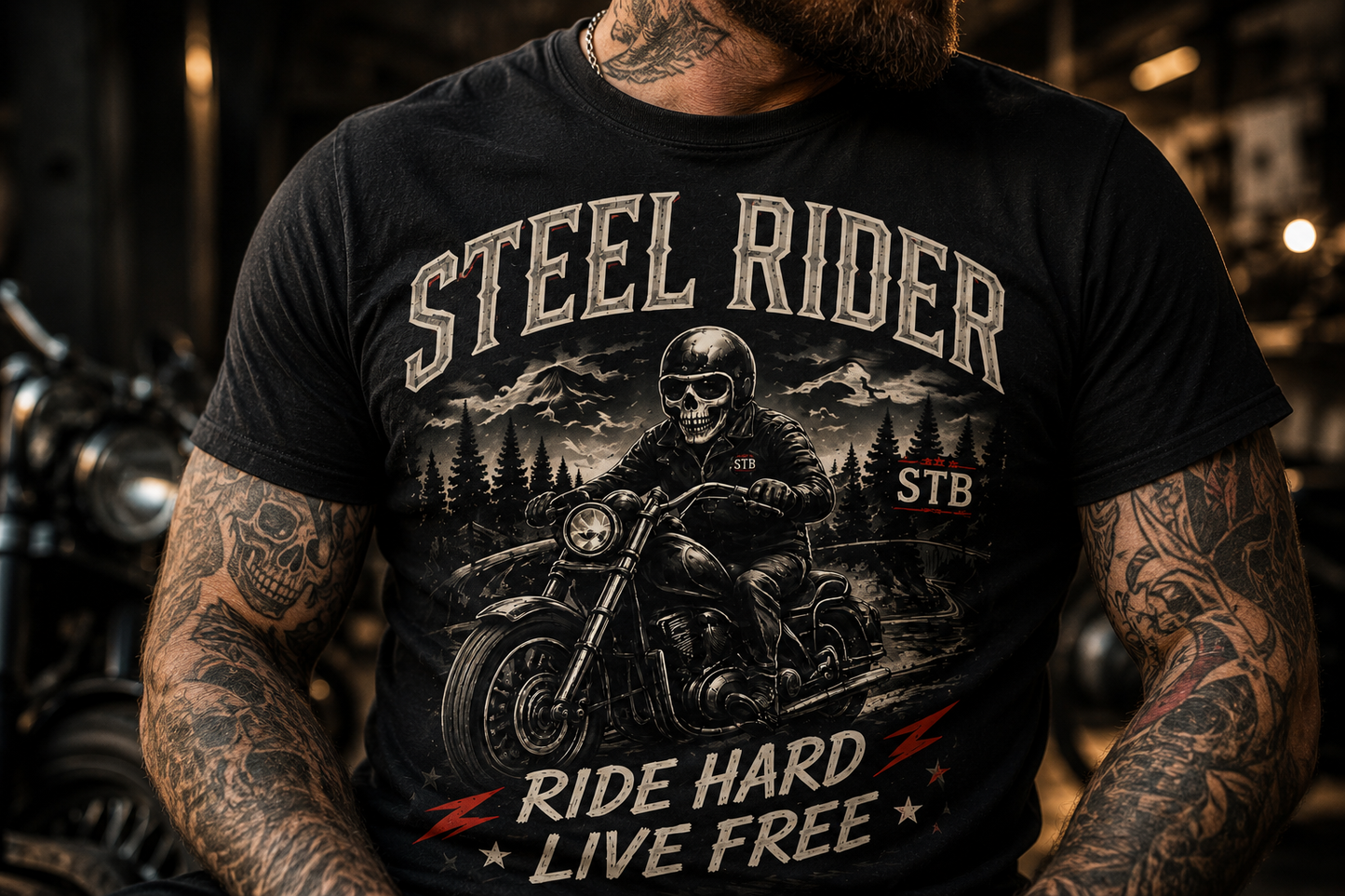 Steel Rider Motorcycle T-Shirt — "Ride Hard, Live Free" Vintage Biker Tee