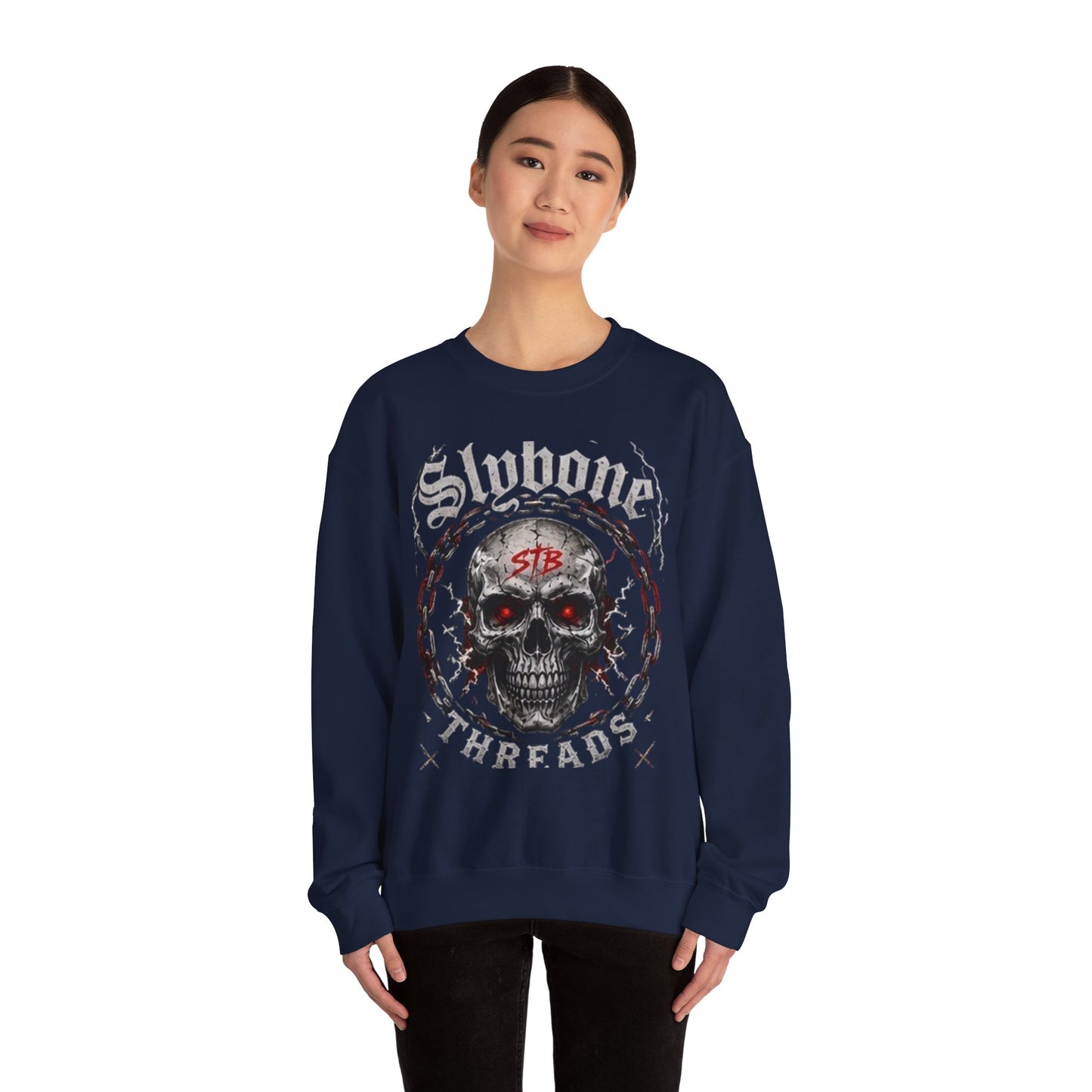 Skull Threads Crewneck Sweatshirt — "Stubborn Threads" Gothic Skull Design