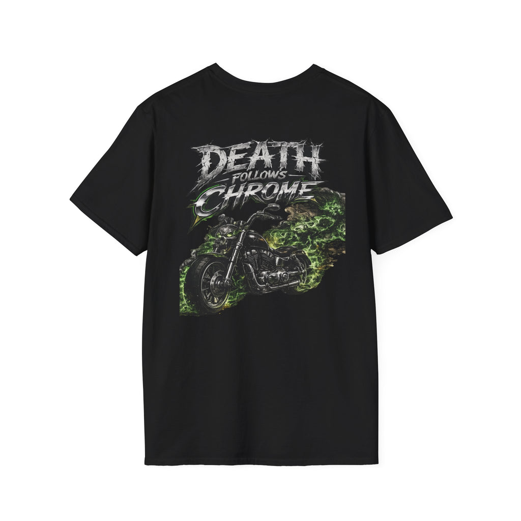 Death Follows Chrome skull motorcycle graphic tee by Slybone Threads