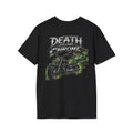 Death Follows Chrome skull motorcycle graphic tee by Slybone Threads