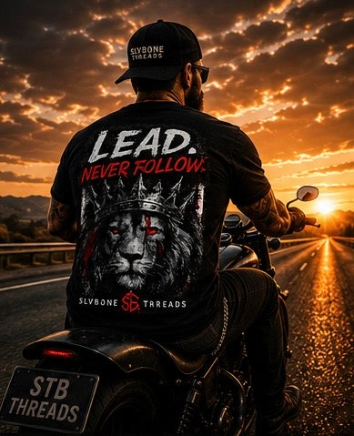 Lead Never Follow Lion Tee — Motivational Graphic T-Shirt