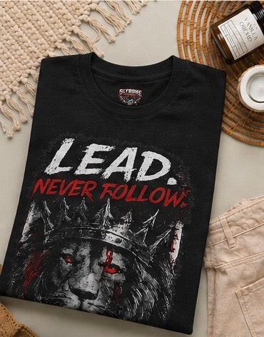 Lead Never Follow Lion Tee — Motivational Graphic T-Shirt