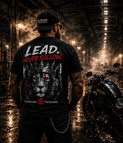 Lead Never Follow Lion Tee — Motivational Graphic T-Shirt